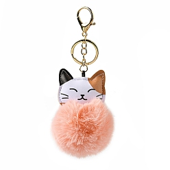 Light Salmon Imitation Rex Rabbit Fur Ball & PU Leather Cat Pendant Keychain, with Alloy Clasp, for Bag Car Pendant Decoration, Light Salmon, 16cm