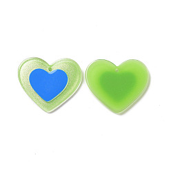 Lime Green Acrylic Pendants, with Enamel and Glitter Powder, Heart Charm, Lime Green, 25.5x29x2mm, Hole: 1.5mm