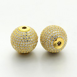 Golden Brass Micro Pave Cubic Zirconia Round Beads, Cadmium Free & Lead Free, Clear, Golden, 18mm, Hole: 3mm