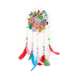 Butterfly DIY Butterfly Theme Diamond Wind Chime Kits, Including Canvas, Resin Rhinestones, Diamond Sticky Pen, Tray Plate and Glue Clay, Woven Net/Web with Feather, Butterfly Pattern, 150mm