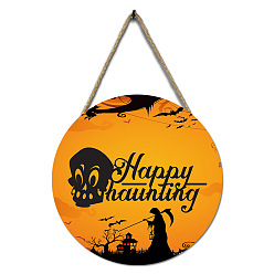Skull Halloween Wooden Wall Hanging Decoration, for Home Party Decoration, with Hemp Rope, Flat Round, Skull, 300x5mm