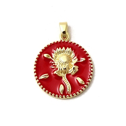 Красный Латунь эмаль подвески, плоские круглые с цветком, без свинца и без кадмия, долговечный, стойки покрытие, реальный 18 k позолоченный, красные, 28x24x3 мм, отверстие : 3x6 мм