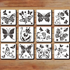 White PET Plastic Drawing Painting Stencils Templates, Square with Butterfly Pattern, White, 16x16cm, 12pcs/set