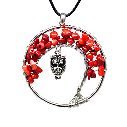 Synthetic Coral Synthetic Coral Chips Tree of Life Pendant Necklaces, Brass Owl Necklace with Wax Ropes, 19.69 inch(50cm)