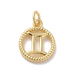 Gemini Brass Charms, Cadmium Free & Lead Free, Real 18K Gold Plated, Ring with Twelve Constellations, Gemini, 14.5x12x2mm, Hole: 3.4mm