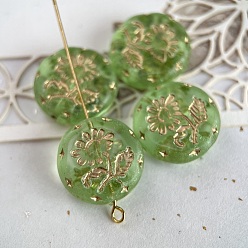 Pale Green Czech Glass Beads, Flat Round with Flower of Life, Pale Green, 18mm