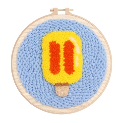 Yellow Ice Lolly Pattern Punch Embroidery Beginner Kits, including Embroidery Fabric & Hoop & Yarn, Punch Needle Pen, Threader, Instruction, Yellow, 150mm
