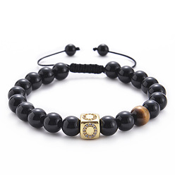 O Square Gemstone Letter Bracelet with Natural Agate and Tiger Eye Beads - A to Z Alphabet Design