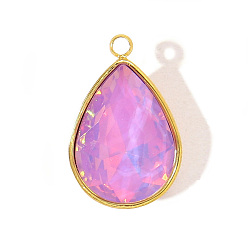 Ярко-Розовый 304 из нержавеющей стали стеклянные подвески, слеза, граненые, золотые, ярко-розовый, 17x11 мм