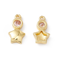 Pink Brass Micro Pave Cubic Zirconia Pendants, Real 18K Gold Plated, Star, Pink, 10x5.5x2mm, Hole: 0.8mm