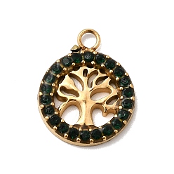 Изумруд 304 подвески из нержавеющей стали с микропаве из стразов, древо жизни прелести, ионное покрытие (ip), реальный 18 k позолоченный, изумруд, 15.5x12.5x2 мм, отверстие : 1.8 мм