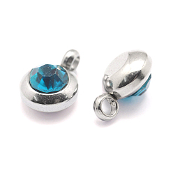 Синий Циркон Модный оригинальный цвет 304 из нержавеющей стали марки через горный хрусталь плоским круглые очарование подвески, граненые, цвет нержавеющей стали, синий циркон, 9x6.5x4 мм, отверстие : 2 мм
