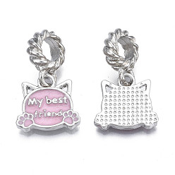 Pearl Pink Rack Plating Alloy Enamel European Dangle Charms, Large Hole Pendants, Cadmium Free & Nickel Free & Lead Free, Platinum, Cat Shapes with Word My Best Friend, Pearl Pink, 24mm, Hole: 5mm, Cat: 13x14x2mm