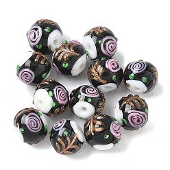 Черный Бусины ручной работы бусины золотого песка, круглая с цветком, чёрные, 12~13.5x10~11.5 мм, отверстие : 2 мм