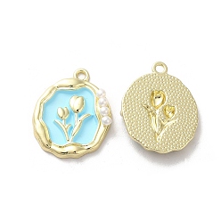 Light Blue Alloy Enamel Pandants, with ABS Plastic Imitation Pearl, Lead Free & Cadmium Free, Light Gold, Oval with Flower, Light Blue, 23.5x19x4.5mm, Hole: 1.8mm