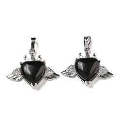 Обсидиан Натуральный обсидиан с подвесками из прозрачного кубического циркония, Подвески в форме сердца и крыльев с фурнитурой из латуни с металлическим покрытием, платина, без кадмия и без свинца, 25x31.5x8.5~9 мм, отверстие : 7.9x5 мм