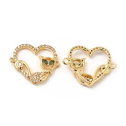 Green Brass Micro Pave Cubic Zirconia Connector Charms, Heart Links with Cat, Golden, Green, 18x23x3mm, Hole: 1.4mm