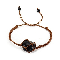 Obsidian Natural Obsidian Braided Bead Bracelet, Macrame Pouch Adjustable Bracelet, Inner Diameter: 2-3/8 inch(6cm)