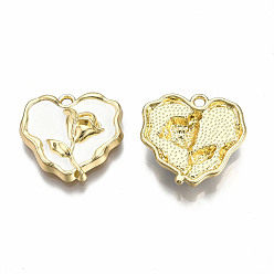 Blanco Acumular colgantes de esmalte de la aleación de chapado, sin plomo y cadmio, la luz de oro, corazón con rosa, blanco, 20x21x4 mm, agujero: 1.8 mm