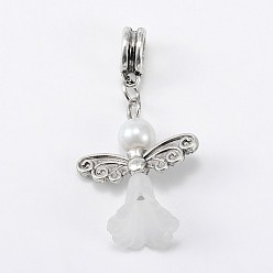 White Lovely Wedding Dress Angel Alloy European Dangle  Large Hole Pendants, with Glass Pearl Beads and Transparent Acrylic Beads, White, 38mm, Hole: 5mm