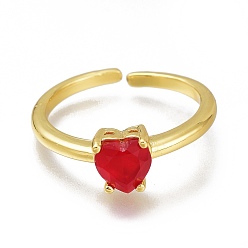Red Brass Micro Pave Cubic Zirconia Heart Solitaire Rings, Cuff Rings, Open Rings, Long-Lasting Plated, Golden, Red, US Size 6(16.5mm)