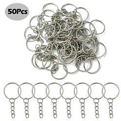 Stainless Steel Color Iron Split Key Rings, with Curb Chains, Keychain Clasp Findings, Stainless Steel Color, 25x2mm