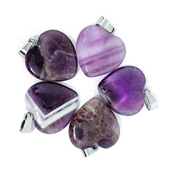 Amethyst Valentine's Day Natural Amethyst Pendants, Heart Charms with Platinum Plated Metal Snap on Bails, 20mm