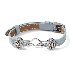 Аква Регулируемый браслет из коровьей кожи для изготовления бусин, с фурнитурой в виде цветов из латуни, инкрустированной микрофиброй и синтетическим бирюзовым камнем, и застежками из нержавеющей стали., цвет нержавеющей стали, вода, пригодный для 304 мм бусы, 11 дюйм (9.61 см)