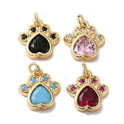 Mixed Color Rack Plating Brass Pave Cubic Zirconia Charms, with Glass & Jump Ring, Lead Free & Cadmium Free, Real 18K Gold Plated, Long-Lasting Plated, Cat's Paw Print Charm, Mixed Color, 14x13x4mm, Hole: 3.4mm