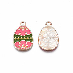Hot Pink Alloy Enamel Pendants, Light Gold, Cadmium Free & Lead Free, Easter Egg Shape with Flower, Hot Pink, 22x14x1.5mm, Hole: 2mm