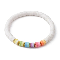 White Polymer Clay Heishi Surfer Stretch Bracelet, Preppy Bracelet, White, Inner Diameter: 2-1/4 inch(5.6cm)