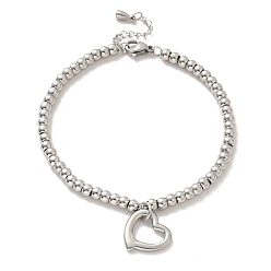 Stainless Steel Color 304 Stainless Steel Heart Charm Bracelet with 201 Stainless Steel Round Beads for Women, Stainless Steel Color, 8-3/4 inch(22.2cm)