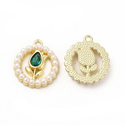 Зеленый Стеклянные подвески из сплава с покрытием стойки, с абс пластмассовой имитационной жемчужиной, без кадмия, без никеля и без свинца, плоский круглый с тюльпаном, золотой свет, зелёные, 20.5x18x4 мм, отверстие : 1.6 мм