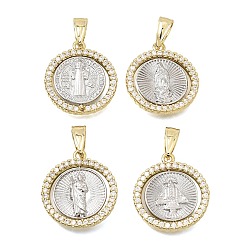 Platinum & Golden Religion Brass Micro Pave Clear Cubic Zirconia Pendants, Flat Round Charms, Rack Plating, Long-Lasting Plated, Cadmium Free & Lead Free, Platinum & Golden, 22.5~23x20.5~21x3mm, Hole: 7.5~8.5x5~5.5mm