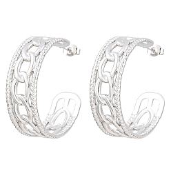 Stainless Steel Color 304 Stainless Steel Hollow Link Chain Stud Earrings for Women, Half Hoop Earrings, Stainless Steel Color, 34x11mm