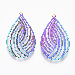 Rainbow Color Ion Plating(IP) 304 Stainless Steel Filigree Pendants, Etched Metal Embellishments, Teardrop, Rainbow Color, 32.5x18.5x0.4mm, Hole: 1.2mm
