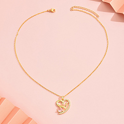 Real 18K Gold Plated Brass Micro Pave Cubic Zirconia Pendant Necklaces, Heart, Real 18K Gold Plated, 15.75 inch(40cm), Heart: 25x22mm