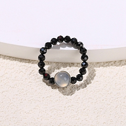 Natural Agate Natural Black Spinel Beads Finger Rings, Natural White Agate Stretch Rings for Men Women, Inner Diameter: 18mm