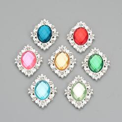 Mixed Color Alloy Rhinestone Flat Back Cabochons, with Acrylic Rhinestone, Oval, Silver Color Plated, Mixed Color, 32x25x4.5mm