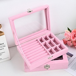 Pink Velvet Jewerly Presentation Boxes, Jewelry Organizer Case with Visible Window, for Earrings Rings Necklaces Showing, Rectangle, Pink, 15x20x5cm