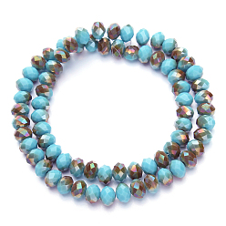 Sky Blue Electroplate Opaque Solid Color Glass Beads Strands, Half Plated, Rainbow Plated, Faceted, Rondelle, Sky Blue, 8x6mm, Hole: 1mm, about 65~68pcs/strand, 15.7~16.1 inch(40~41cm)