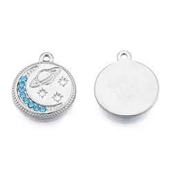 Stainless Steel Color 304 Stainless Steel Pendants, with Aquamarine Rhinestone, Flat Round with Moon & Planet, Stainless Steel Color, 16.5x14x2mm, Hole: 1.4mm