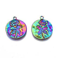 Rainbow Color Ion Plating(IP) 304 Stainless Steel Pendants, Cadmium Free & Nickel Free & Lead Free, Flat Round with Rose Flower, for Valentine's Day, Rainbow Color, 21x18x2mm, Hole: 1.6mm