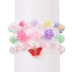Mixed Color 3Pcs 3 Style Acrylic Flower & Imitation Pearl Beaded Stretch Bracelets Set, Glass Butterfly Charms Stackable Bracelets for Kids, Mixed Color, Inner Diameter: 1-7/8 inch(4.8cm), 1Pc/style