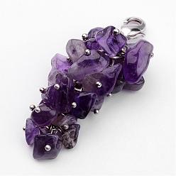 Purple Natural Chip Amethyst Pendant Decorations, with Brass Lobster Claw Clasps, Platinum, Purple, 53mm