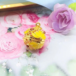 Yellow Brass Enamel Hollow Bead Cage Pendants, Round with Lotus Flower Charm, for Chime Ball Pendant Necklaces Making, Yellow, 18x15mm