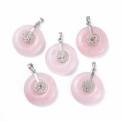 Rose Quartz Natural Rose Quartz Pendants, with Platinum Tone Brass Findings, Donut/Pi Disc with Mixed Shapes, 35.5x30x8.5~9.5mm, Hole: 4.5x6.5mm