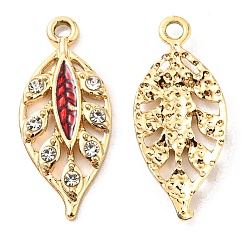Red Zinc Alloy Pendants, with Enamel and Rhinestone, Golden, Hollow, Leaf Charm, Red, 24.5x10.5x2.2mm, Hole: 1.8mm