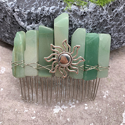 Green Aventurine Sun Wire Wrapped Natural Green Aventurine Hair Combs, with Iron Combs, Hair Accessories for Women Girls, 100x100mm