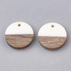 White Resin & Walnut Wood Pendants, Flat Round, White, 18x3.5mm, Hole: 1.5mm